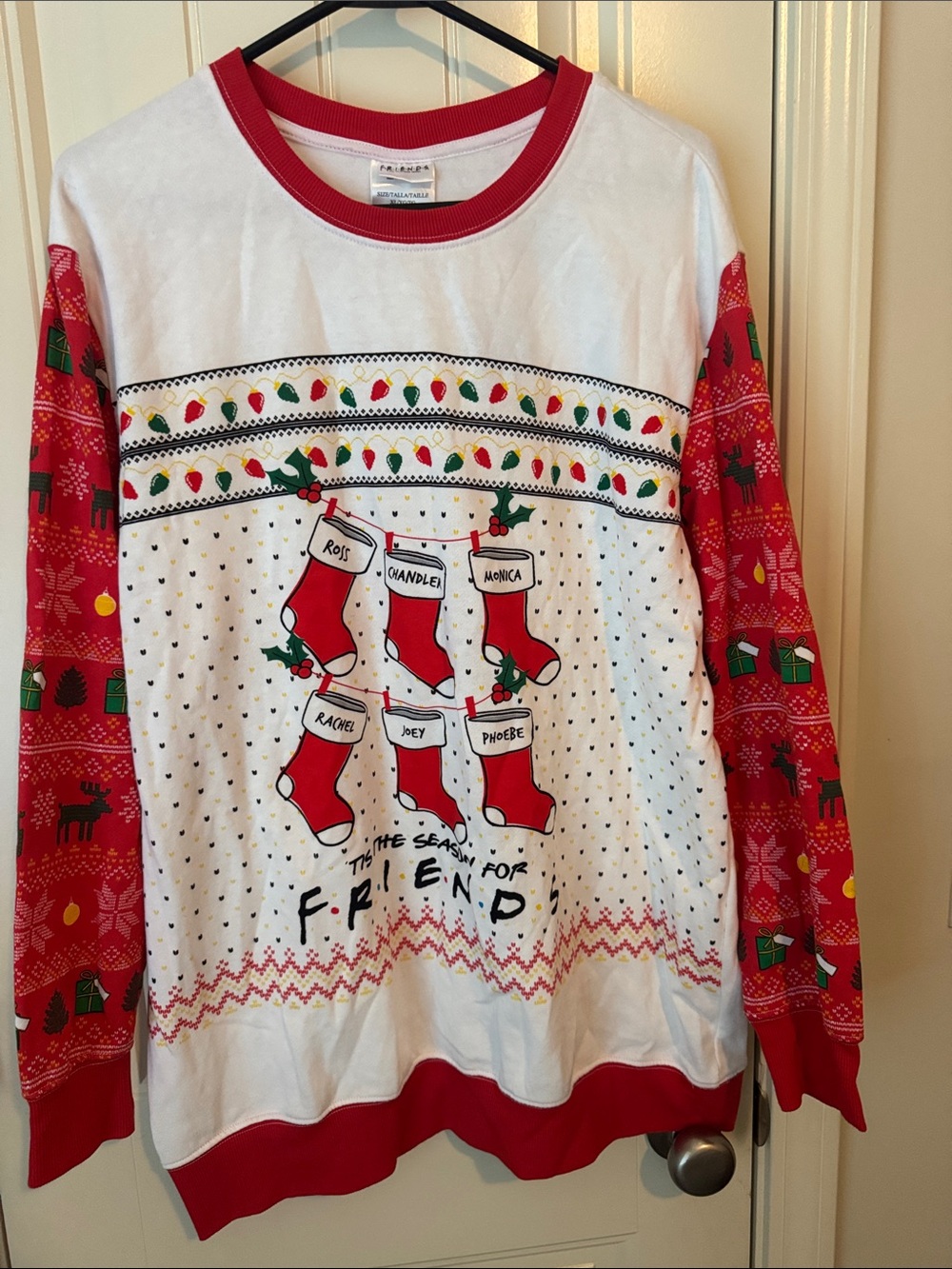FRIENDS Red and White Holiday Stocking Crewneck Sweater
